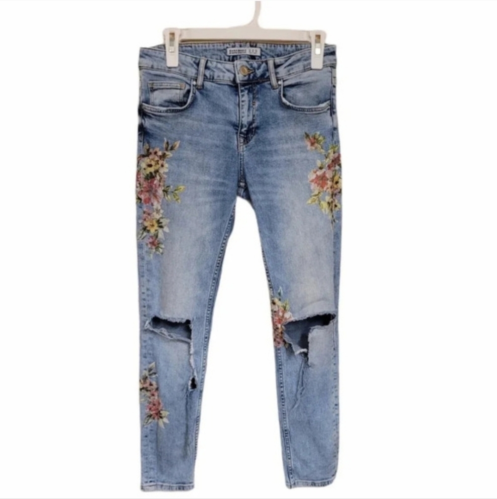 ZARA Z1975 Floral Print Distressed Denim Jeans Cropped Raw Hem